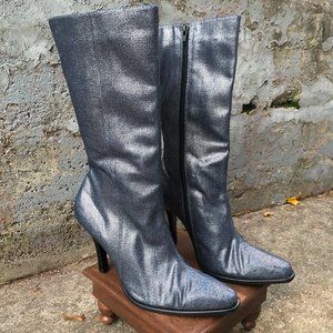 Candie's High Heel Fabric Boot, Blue and Silver Shimmer